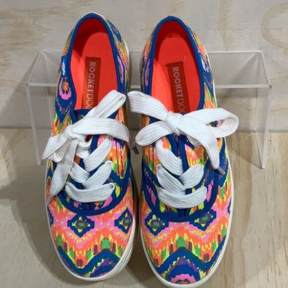 Rocket Dog White Blue Pink Multi-Color Platform Sneakers Women 7 Shoes Canvas - Picture 3 of 10